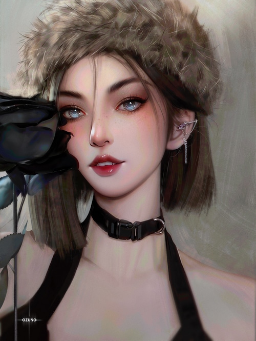 Digital art of a woman with blue eyes holding a black rose
