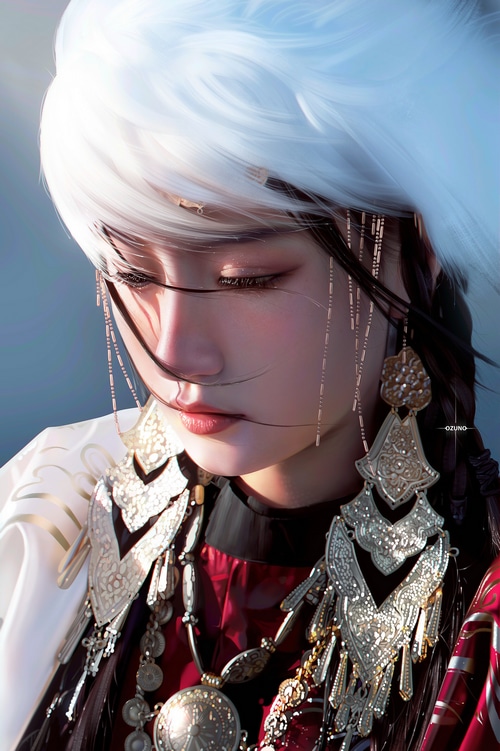 Asian woman with white hair and ornate jewelry