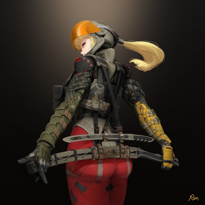 Woman with blonde ponytail and swords