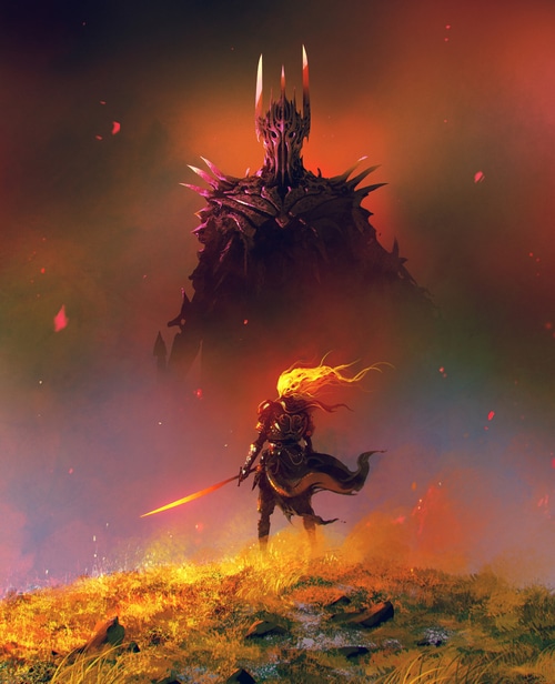 Sauron and a warrior with a flaming sword