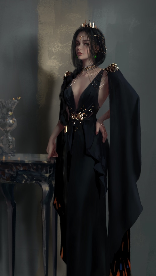 Artwork of a woman in a black dress by WLOP