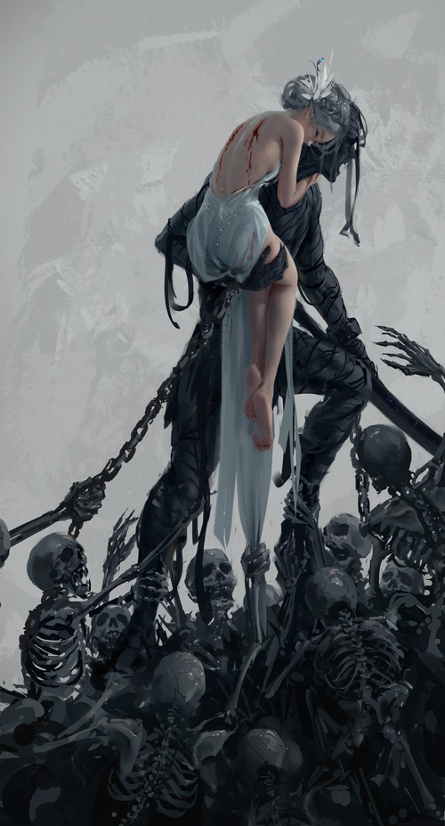 WLOP's Ghostblade: A woman carried by a dark figure amidst skeletons