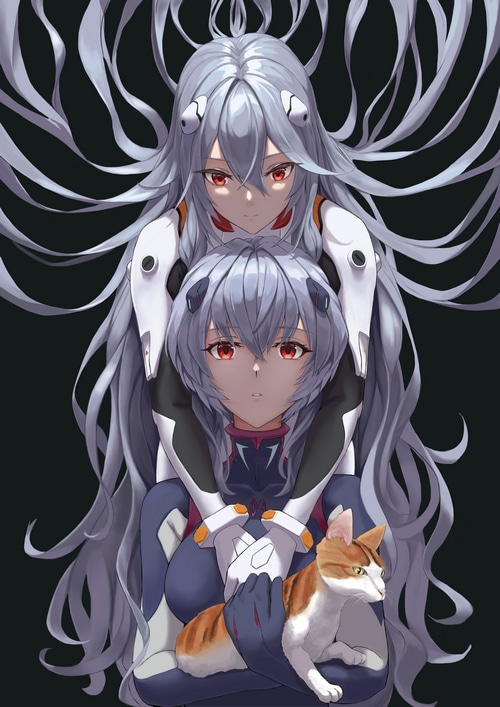 Rebuild of Evangelion Rei Ayanami fan art with cat