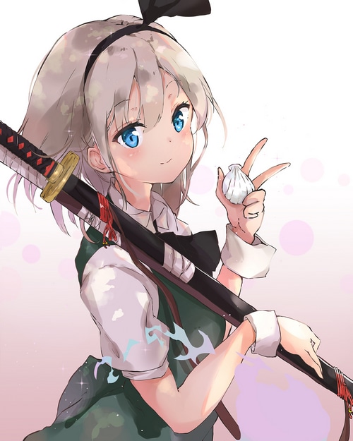 Konpaku Youmu from Touhou holding a sword and a shell