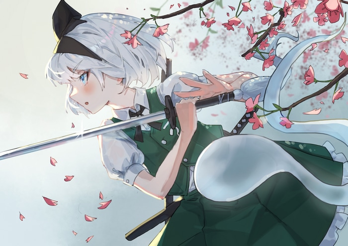 Konpaku Youmu with a katana under cherry blossoms