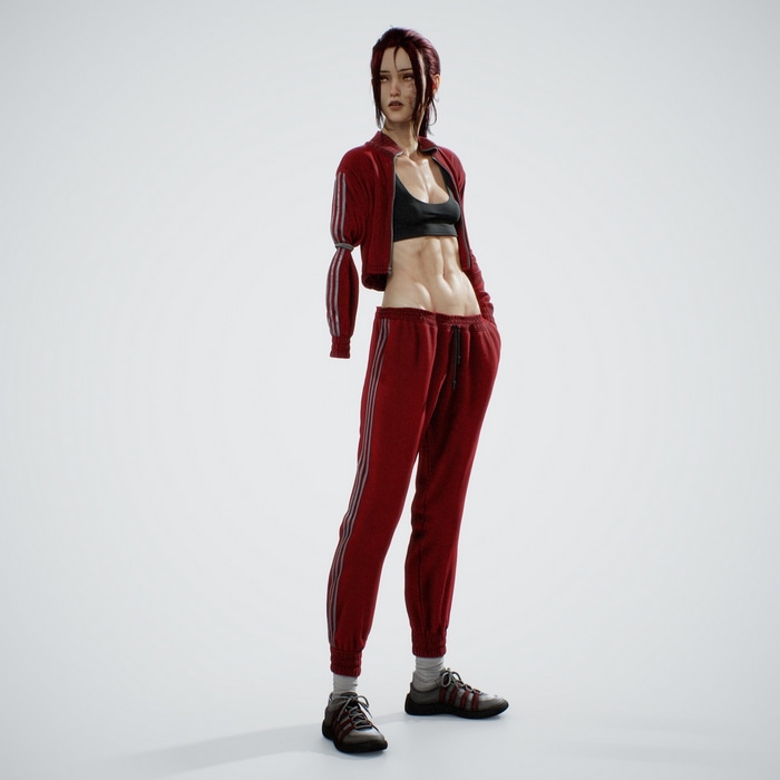 Woman with abs wearing tracksuit and sports bra