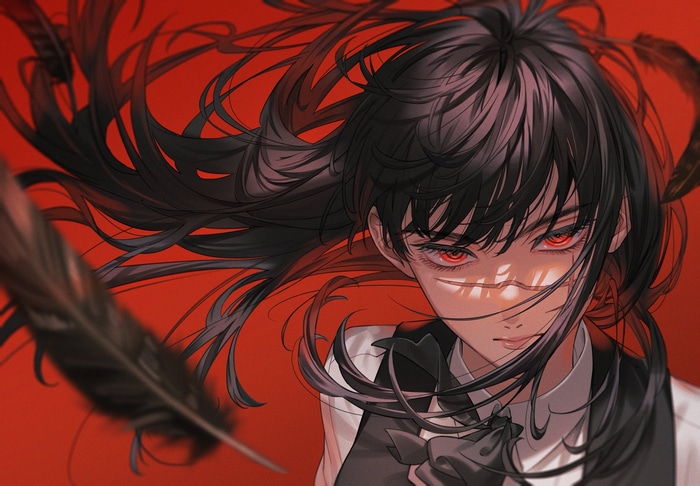Mitaka Asa with Red Eyes and Feathers
