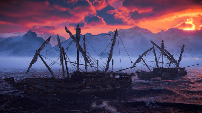 Horizon Forbidden West sailing ships at sunrise