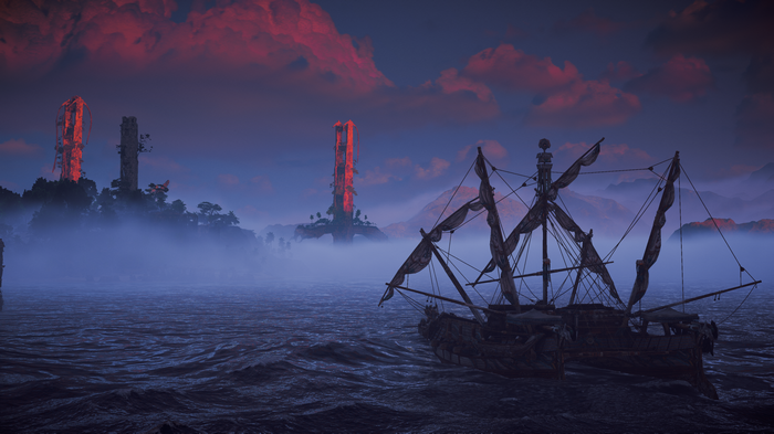 Horizon Forbidden West sailing ship in mist