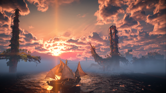 Horizon Forbidden West sailing ship at sunset