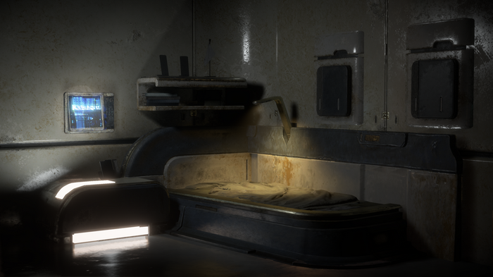Dark futuristic interior with bed and screen