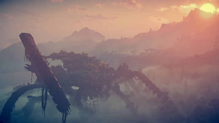 Horizon Forbidden West machine wreckage at sunrise