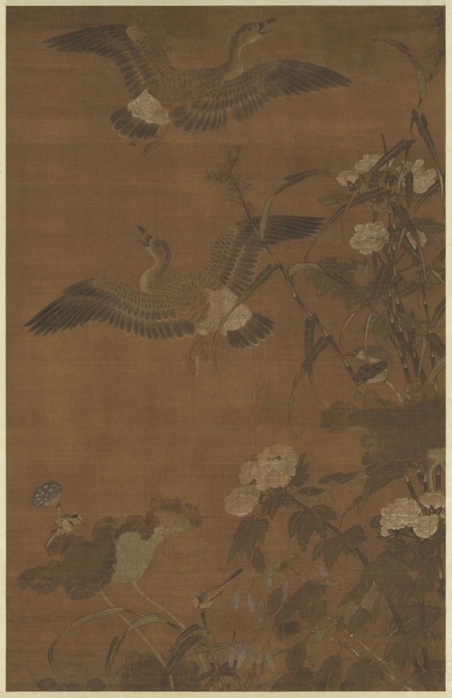 Two geese flying over lotus flowers and plants