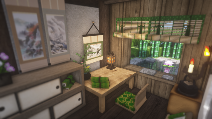Minecraft Japanese-style room with bamboo garden view