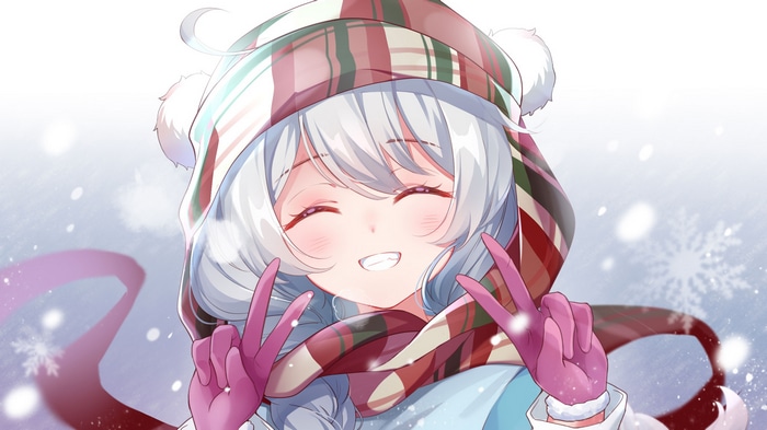 Kiana Kaslana in winter with snowflakes and peace signs