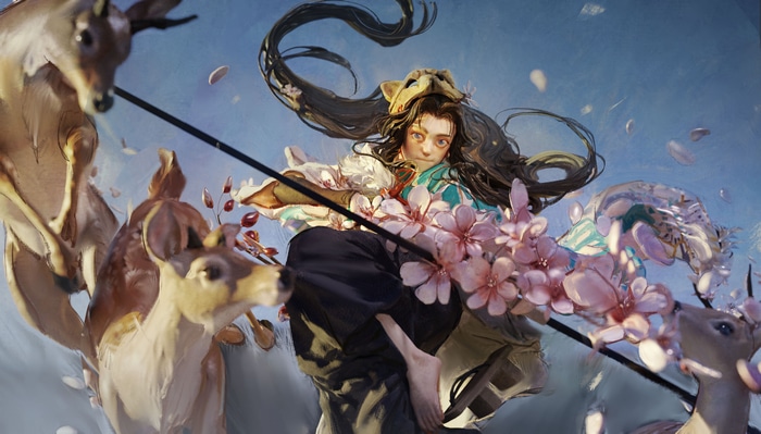 Fantasy art of a girl with deer and cherry blossoms