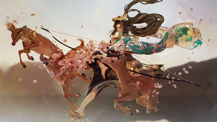 Fantasy girl with deer and cherry blossoms