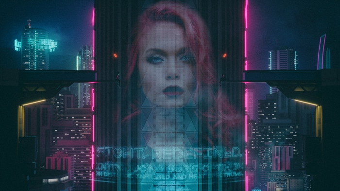 Cyberpunk Cityscape with Advertisement of Fantasy Girl