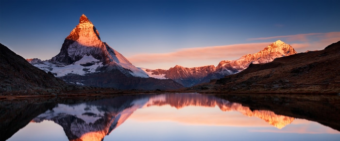 4K Matterhorn mountains reflection in water
