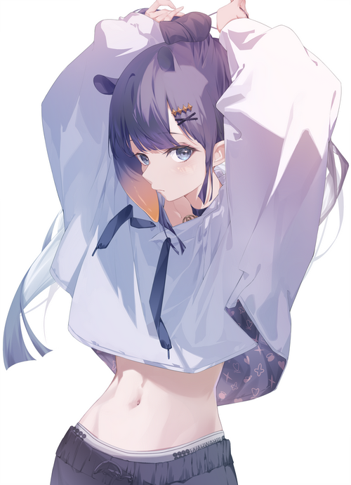 Petite, Purple Hair, Belly Button, Virtual Youtuber, Hololive, Touching