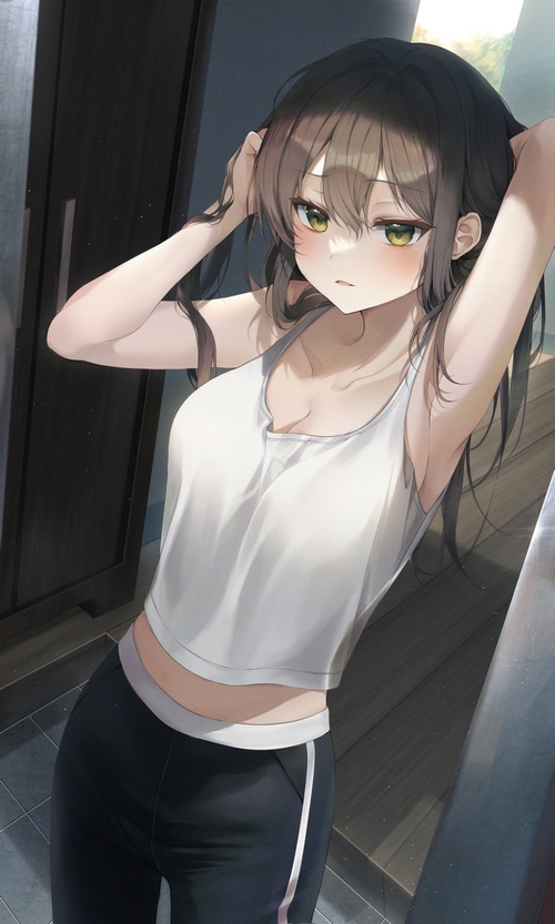 Anime girl with brown hair and eyes touching hair