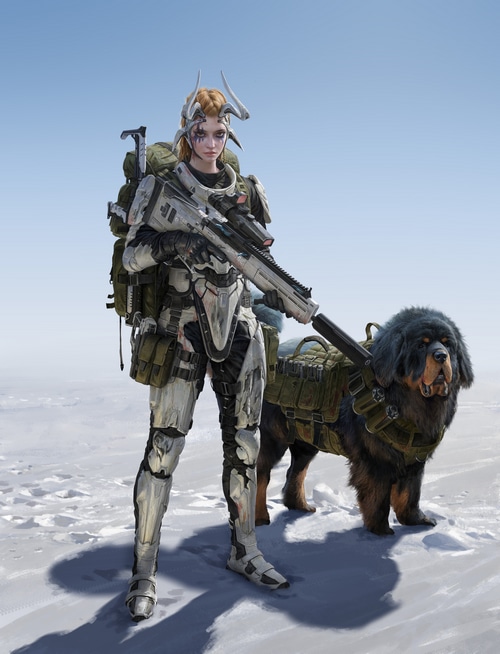 Fantasy girl with futuristic armor and dog
