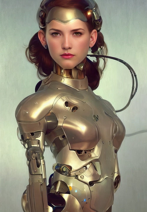Woman in futuristic metallic armor with cybernetic enhancements
