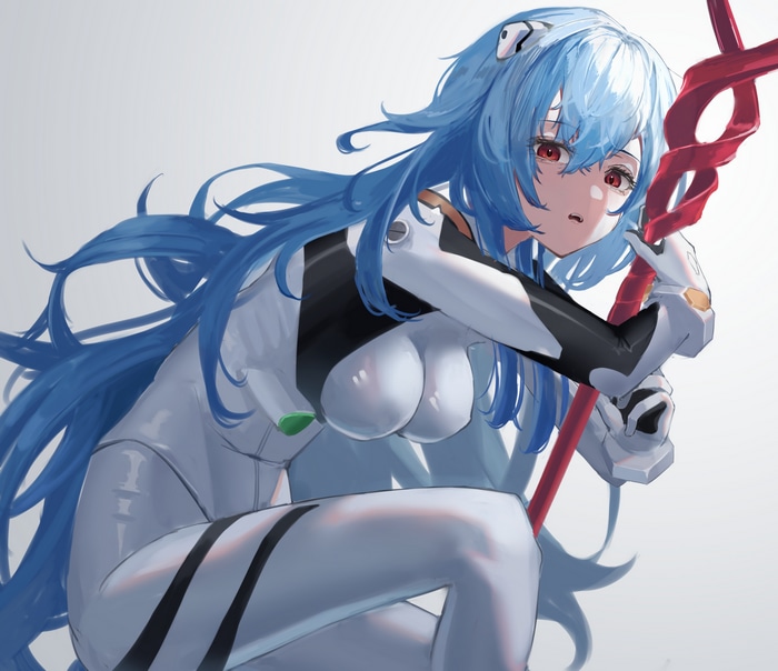 Ayanami Rei in a white bodysuit holding a red spear