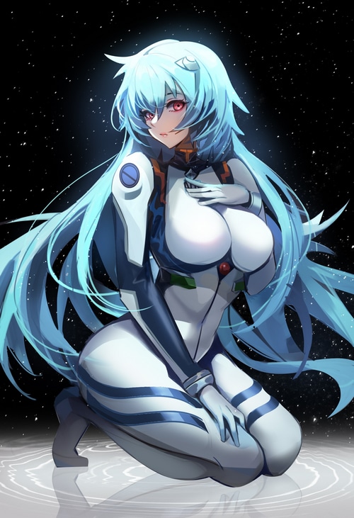 Ayanami Rei in a white and blue bodysuit