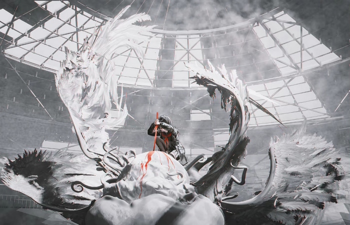 Figure with Katana and Blood on Statue