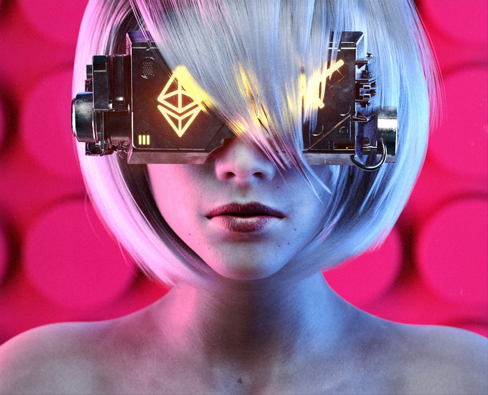 Cyberpunk woman with Ethereum VR goggles