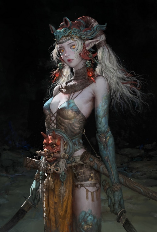 Fantasy warrior woman with horns and mask