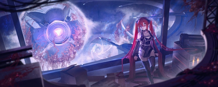 Girl with red twintails and red eyes in a futuristic setting