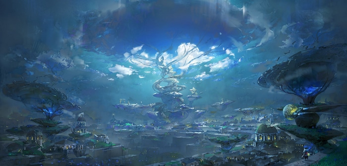 Fantasy city with floating islands and a giant tree