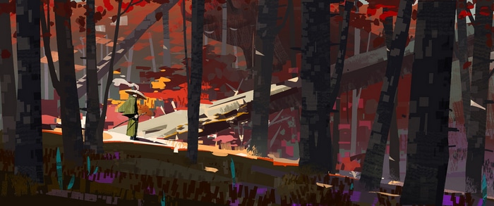 Samurai in a fall forest with a katana