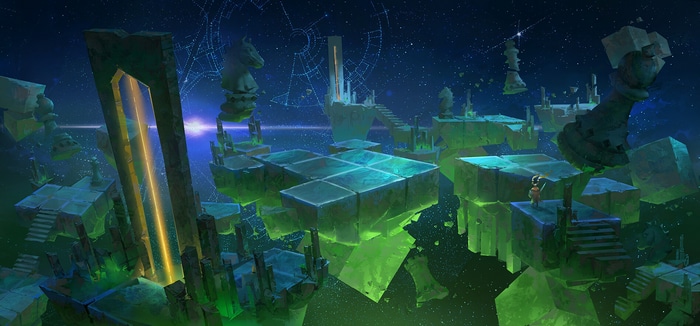 Surreal chess landscape in space with ruins