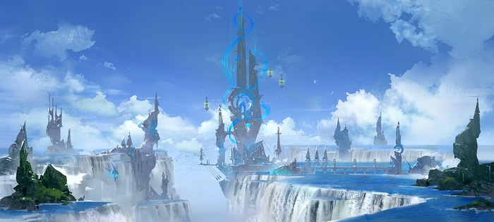 Fantasy architecture with waterfalls and floating islands