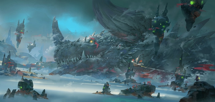 Fantasy art of a dragon and flying ships