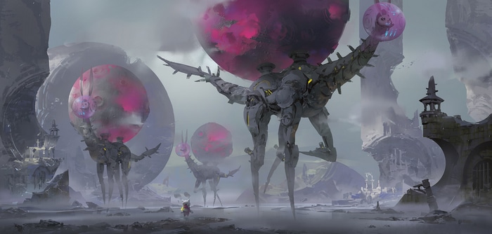 Surreal fantasy landscape with mechanical creatures and ruins