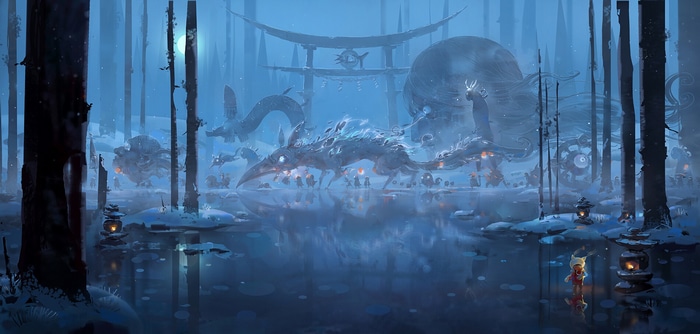 Fantasy winter forest with Shinto shrine and mythical creatures