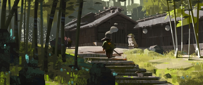 Fantasy art of a figure walking towards Asian architecture