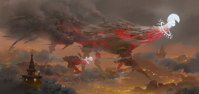 Fantasy art of a large creature over a city