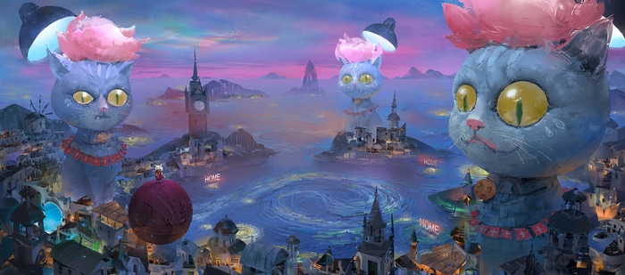 Giant cats in a fantasy city with a yarn ball