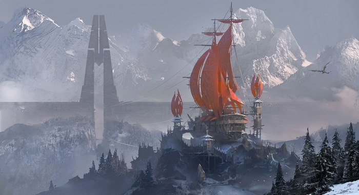 Fantasy ship with red sails in snowy mountains with dragons