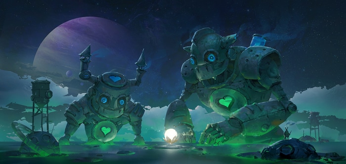 Two giant robots with heart symbols in a fantasy landscape