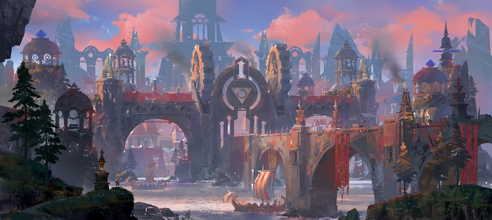 Fantasy city with bridges and ships