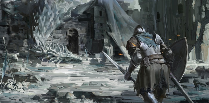 Knight facing a dragon in Dark Souls