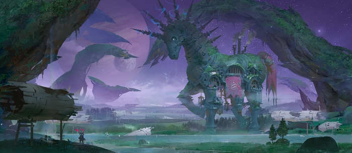 Fantasy art of a mechanical horse in a surreal landscape