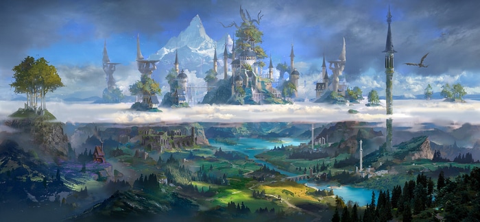 Fantasy landscape with floating castles and mountains