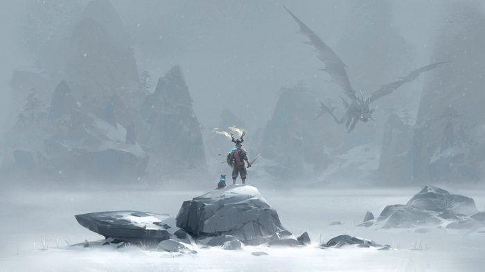 Fantasy art of a warrior and dragon in snow